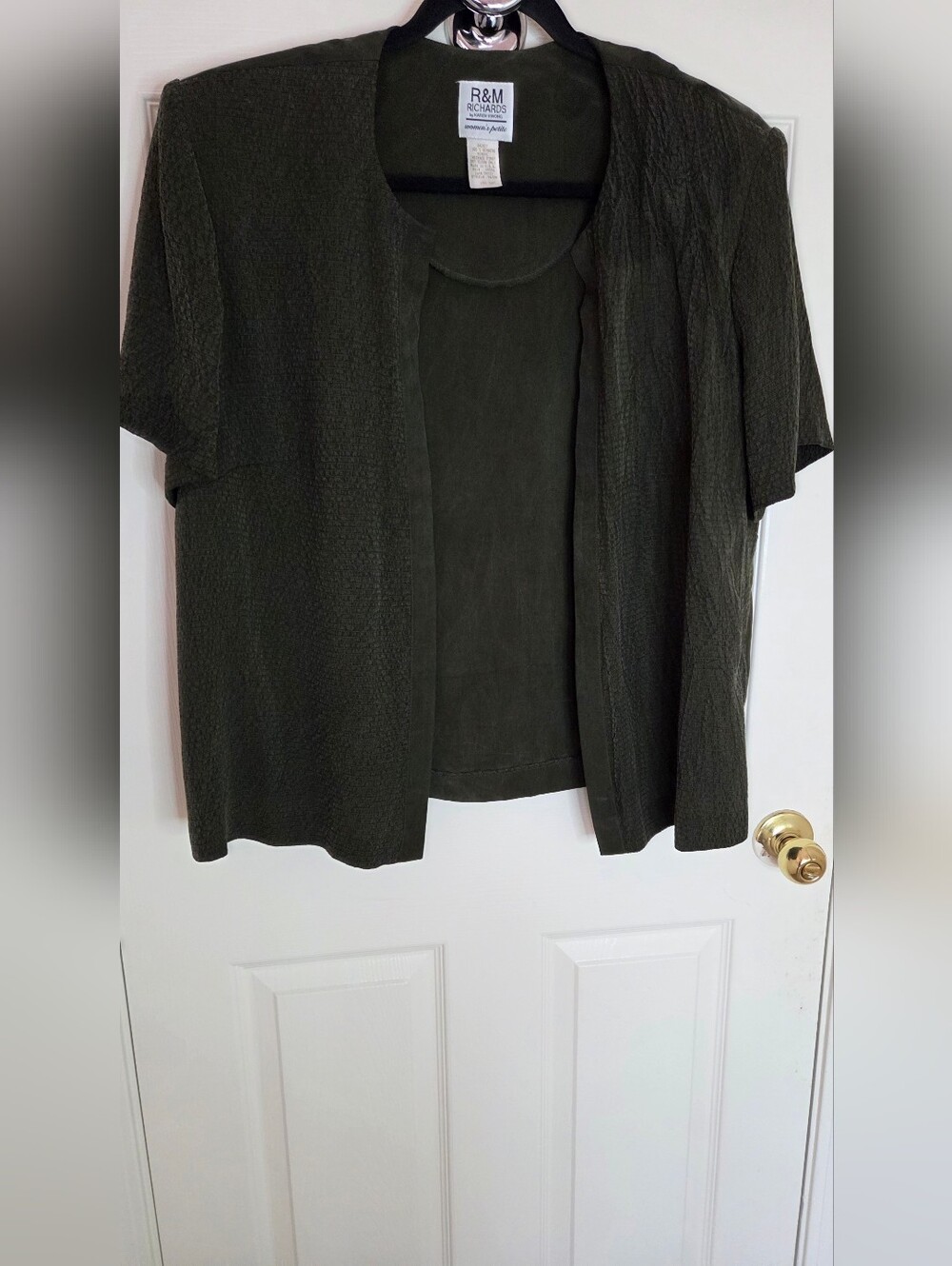 Vtg R&M Richards Karen Kwong 20WP Olive Open Front Jacket  100% Bemberg Cupro